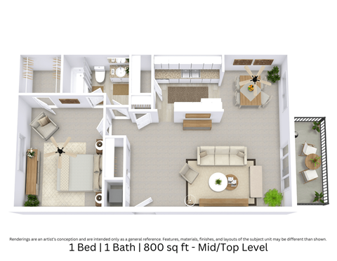 Floor plan for 1 bed, 1 bath, 800 sqft